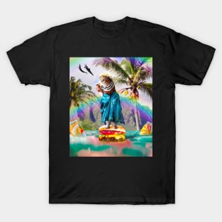 Cute Aloha Cat Surfing Cheeseburger Burger T-Shirt